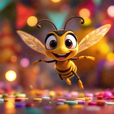 The primary subject of the image is a cartoon bee with a smile on its face. The bee is flying through the air, surrounded by a colorful and vibrant environment. The setting includes a rainbow-colored background, and the visual style is a combination of digital art and illustration. The colors and mood of the image are lively and cheerful, with the bee's smile adding a sense of joy and playfulness to the scene.